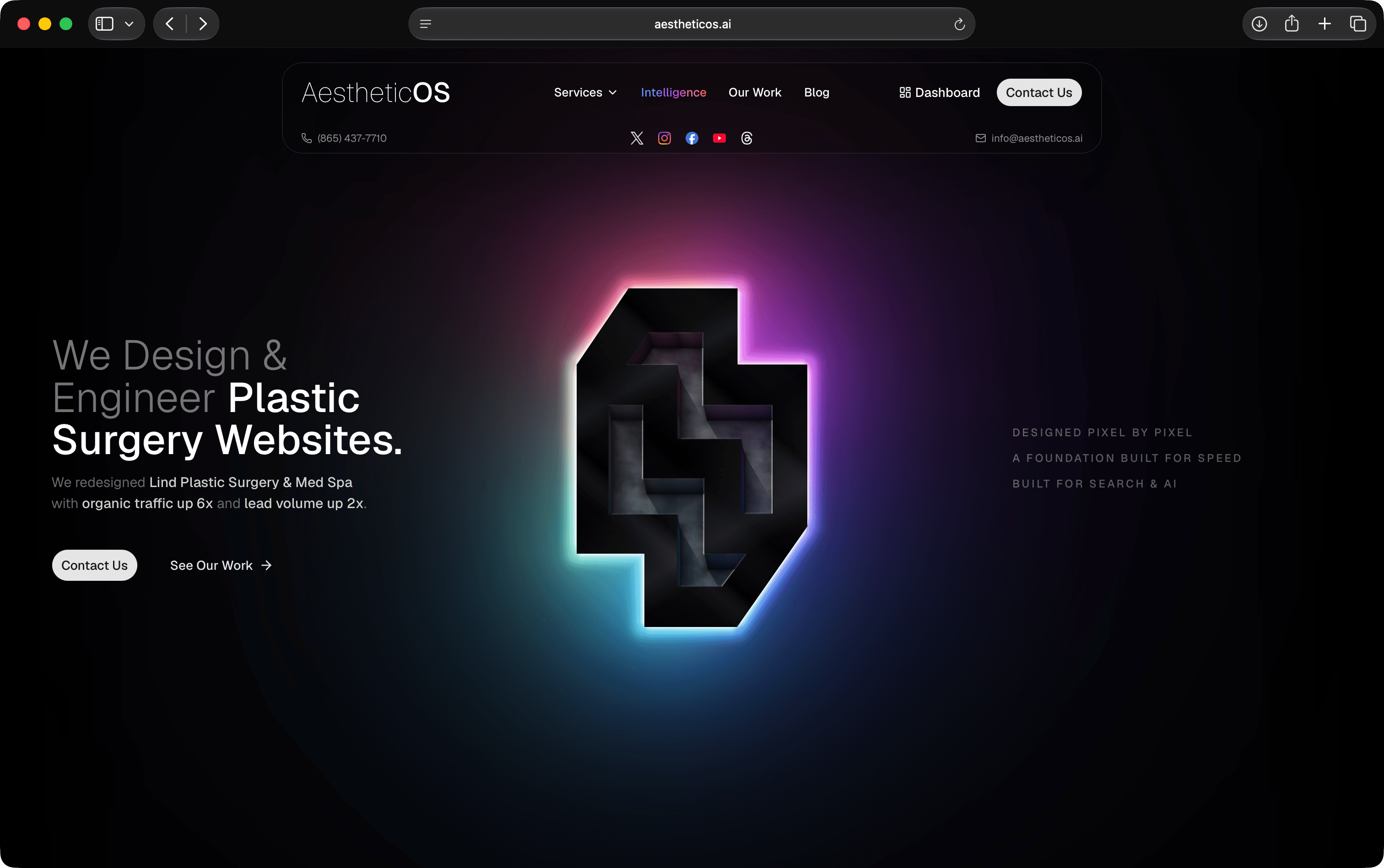 The aestheticos.ai home page: a sculpted monogram glowing over a black hero.