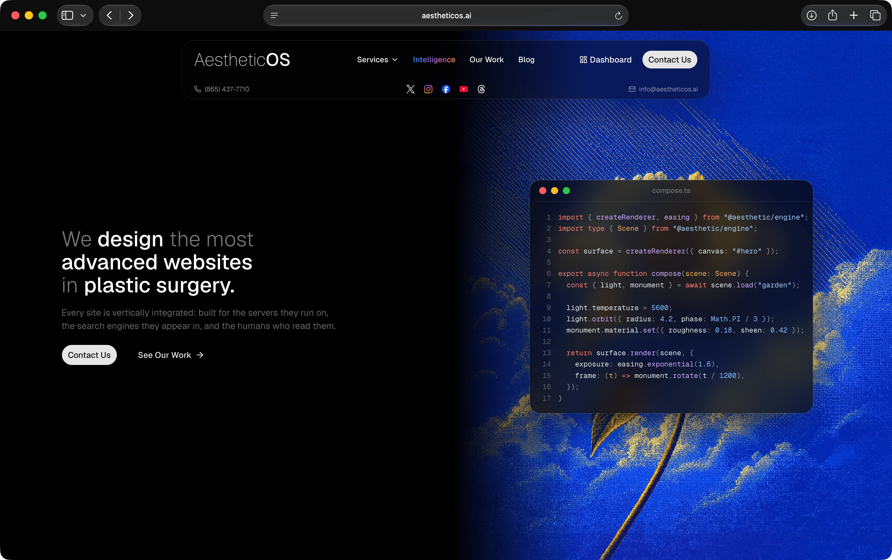 The website design page, splitting black typography against a cobalt engraving and live code.