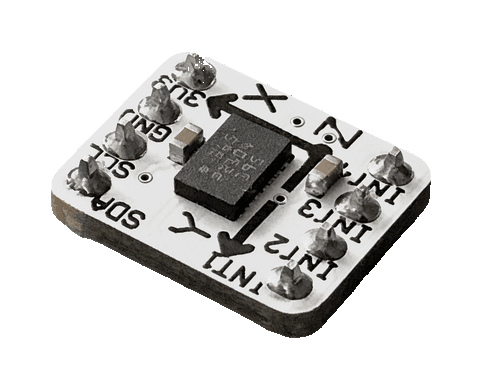 An isometric render of the BMI088 breakout: silkscreen axes, interrupt pins, and a compact IMU package.