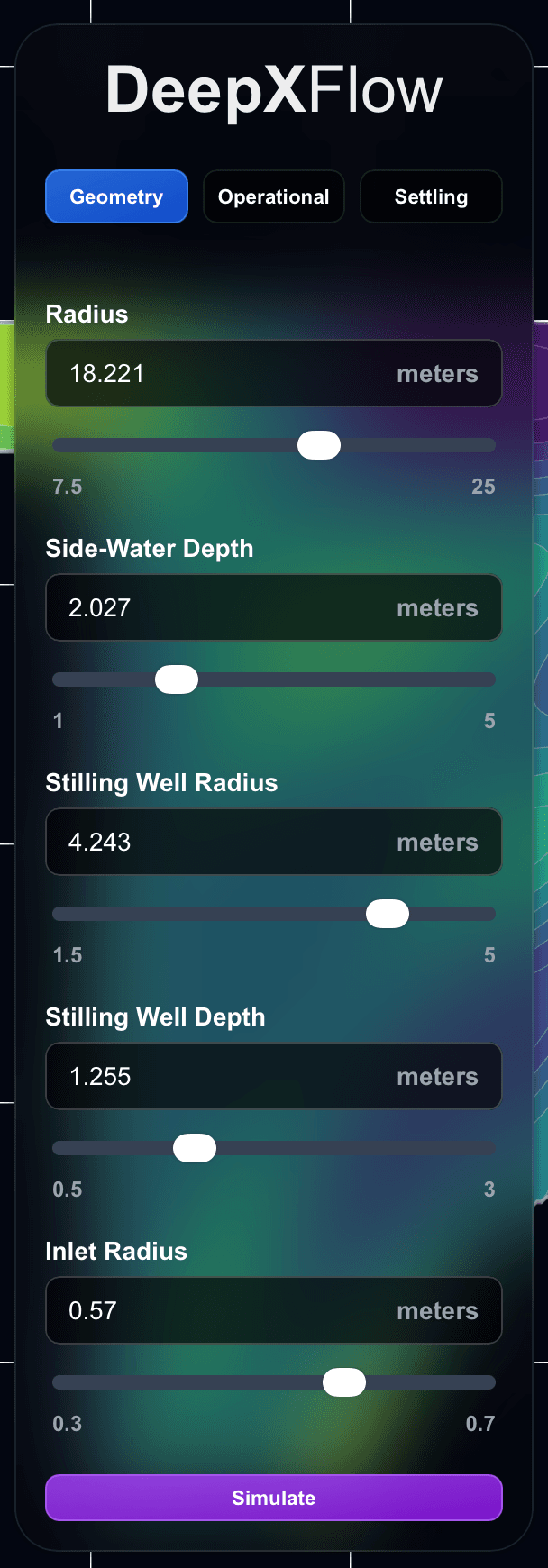 DeepXFlow geometry and inlet controls: depth, radius, and settling sliders on a dark sidebar.