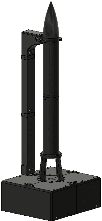 CAD of the full stack: rocket on the pad, clamp arm raised.