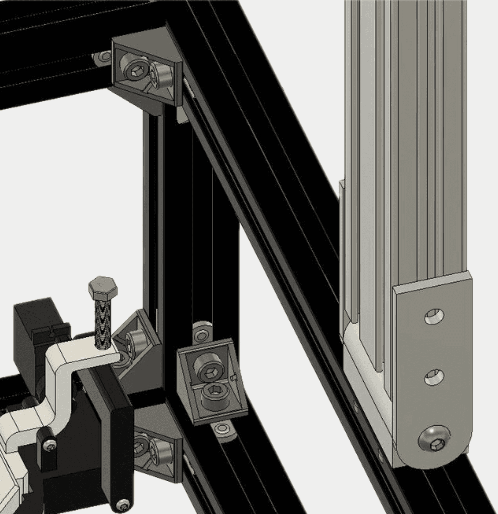 Close-up of the launchpad frame: extruded aluminum, brackets, and fasteners.