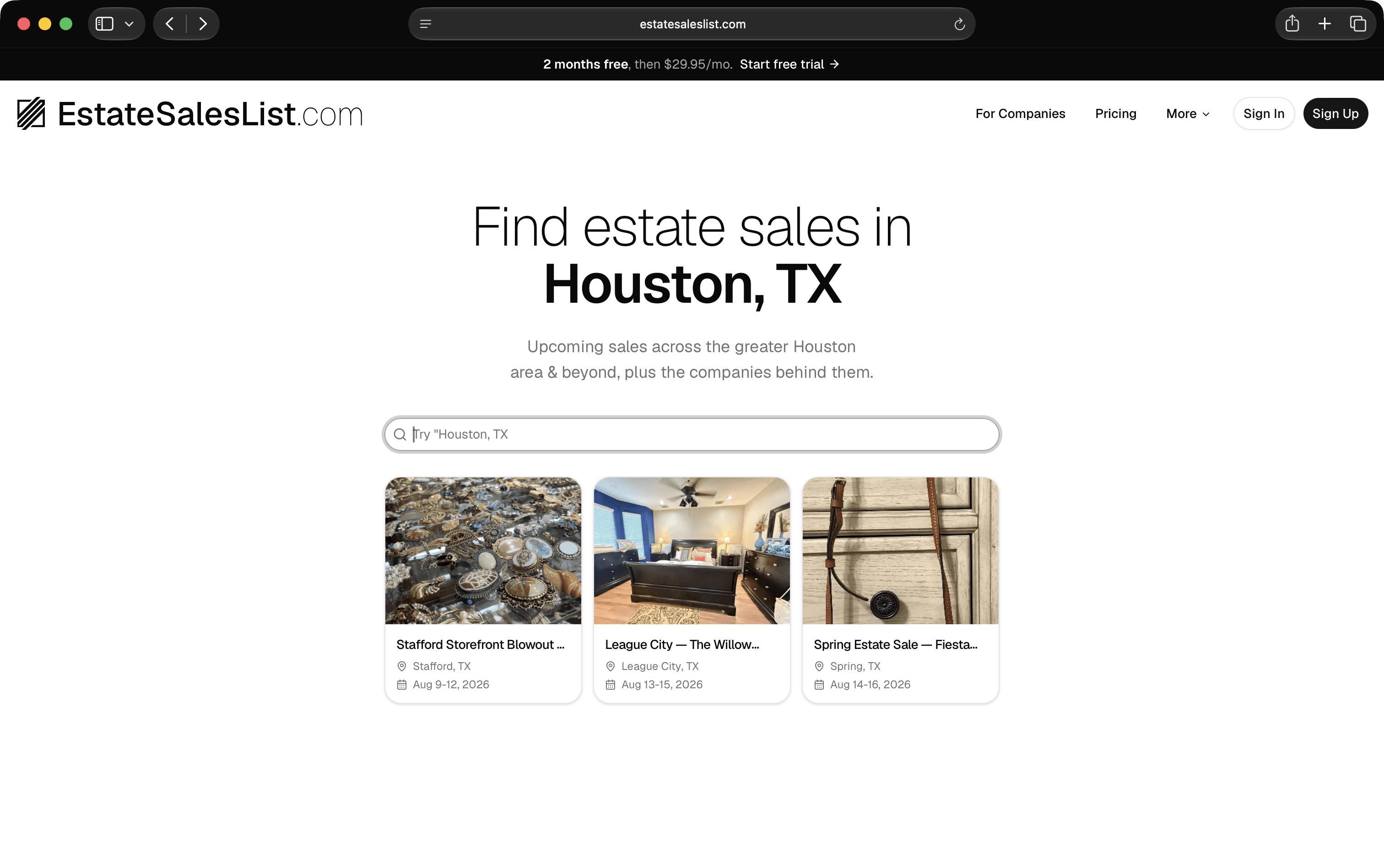 EstateSalesList.com home: a map of nearby estate sales with listing cards for dates, locations, and photos.