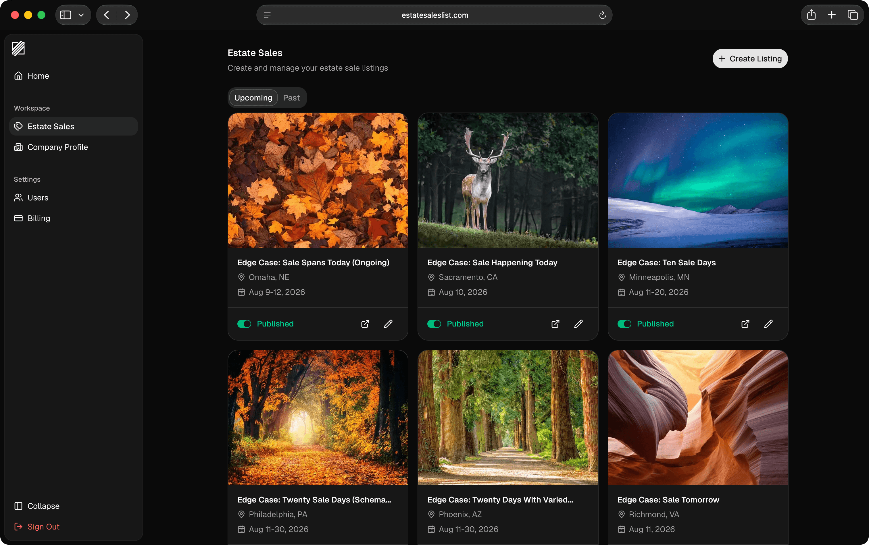 The estate sales dashboard: a grid of upcoming listings with photos, locations, multi-day schedules, and publish toggles.