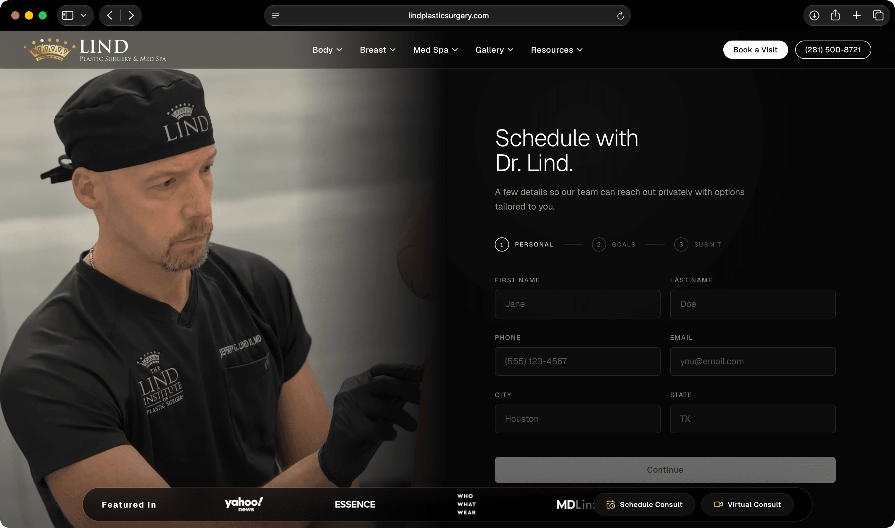 The contact page: office details and a clear path to request a consultation.