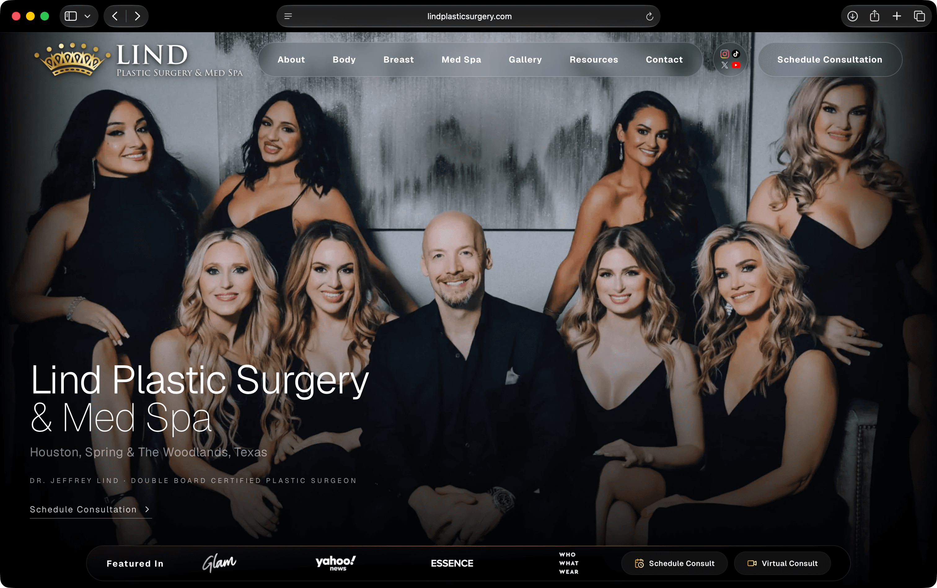 The Lind Plastic Surgery home page: refined clinical photography under a polished practice masthead.