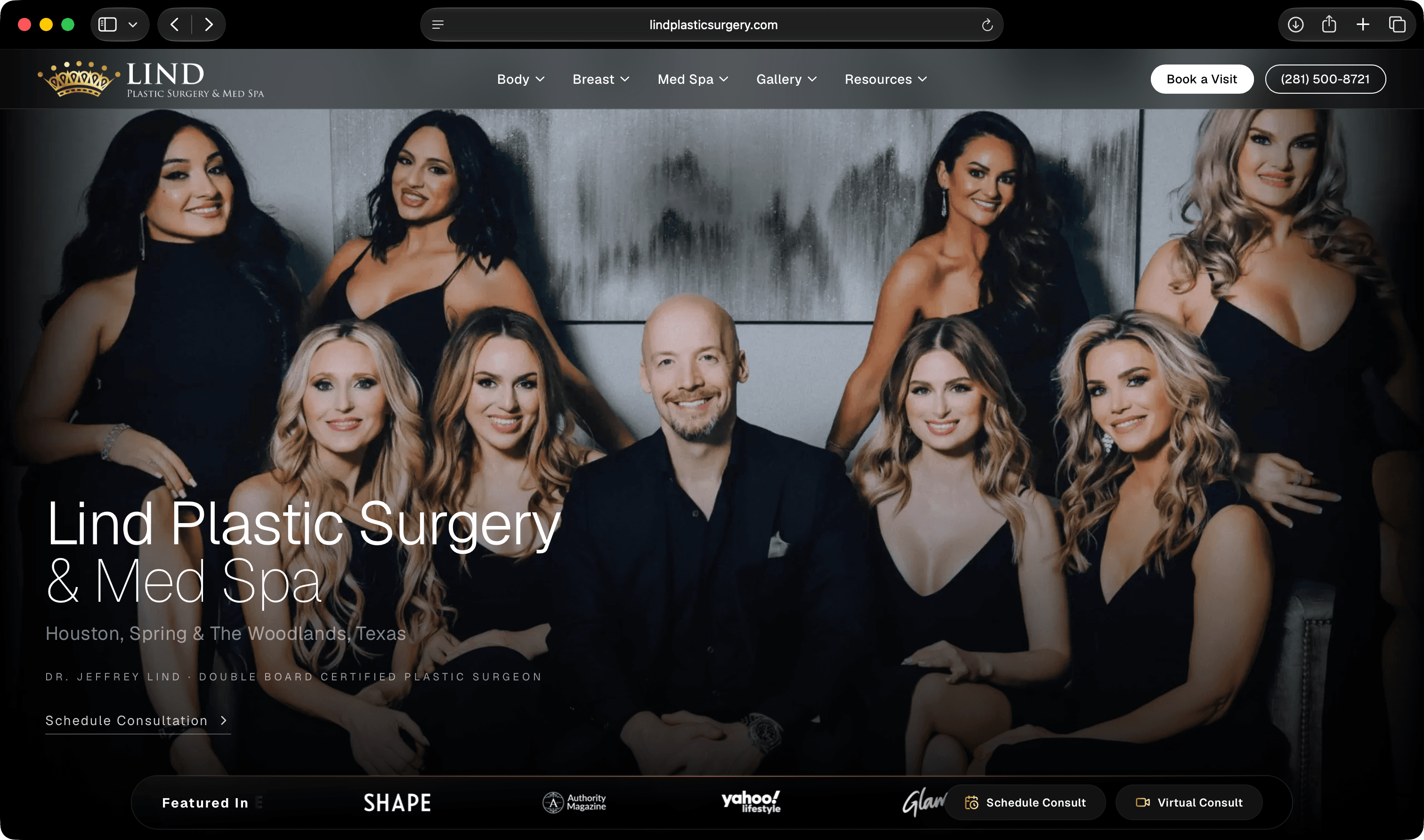 The Lind Plastic Surgery home page: refined clinical photography under a polished practice masthead.
