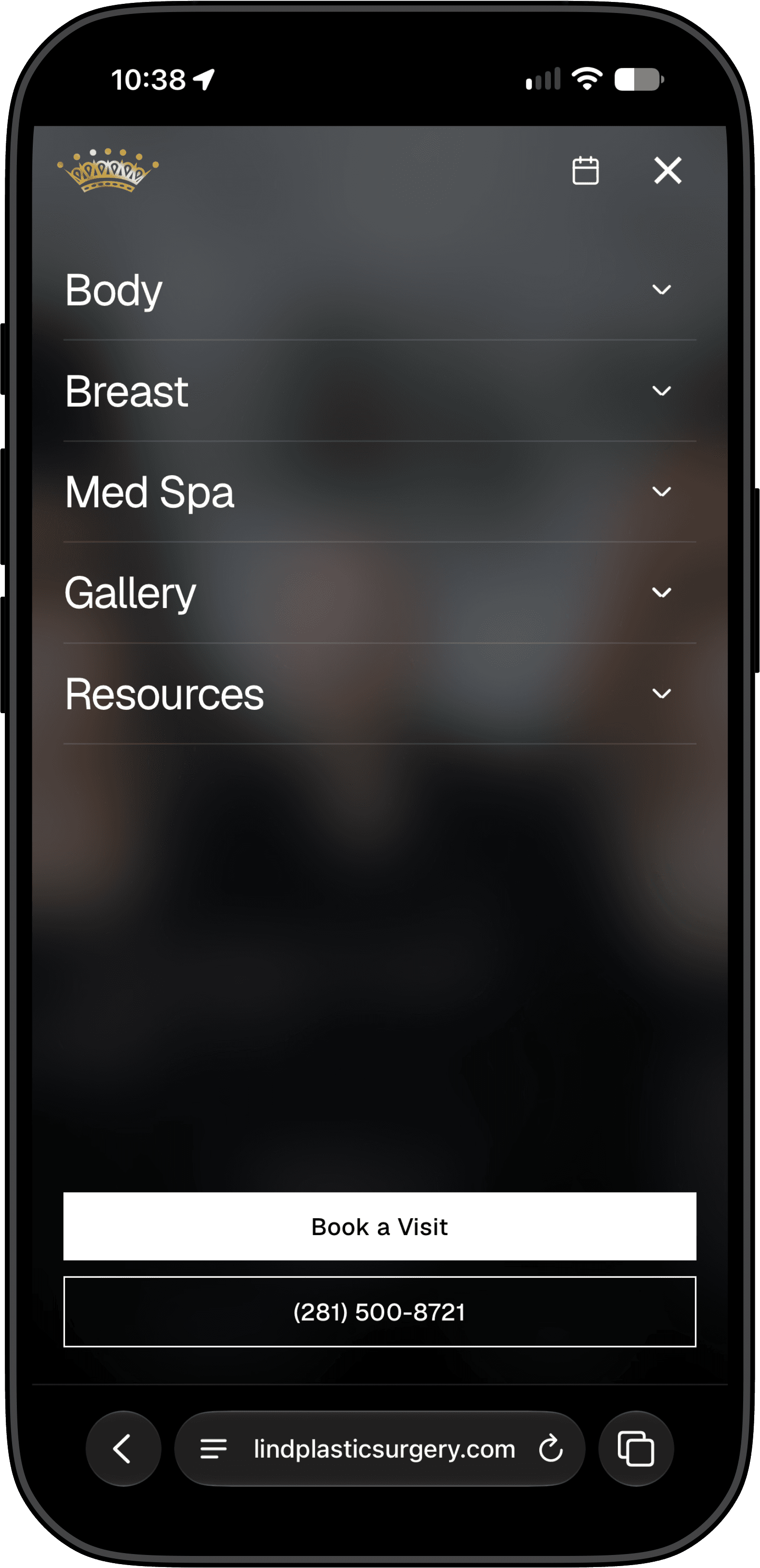 The mobile menu on an iPhone: Body, Breast, Med Spa, Gallery, and Resources, with Book a Visit and a tap-to-call number.