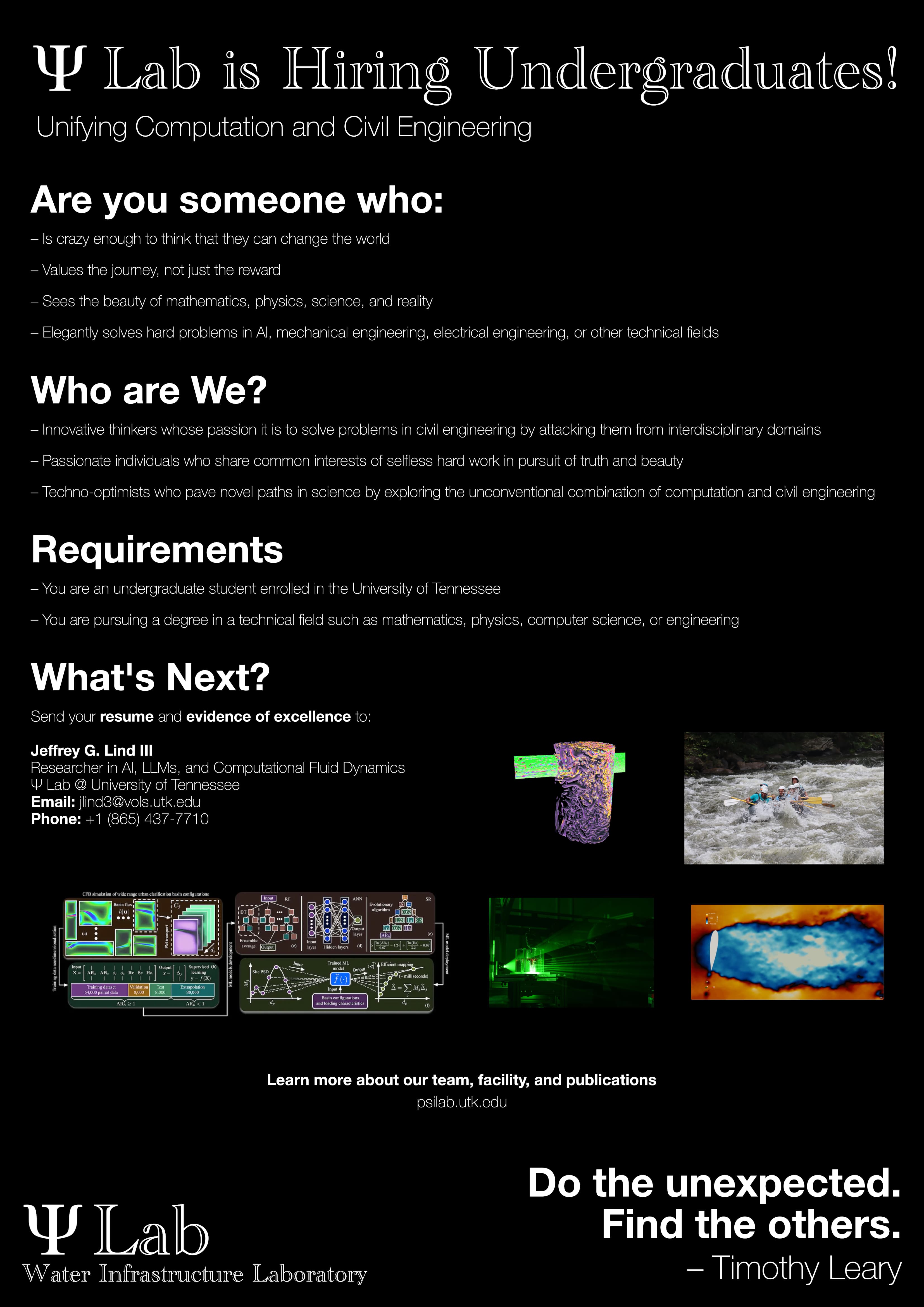 Ψ Lab undergraduate hiring flyer: computation meets civil engineering at the Water Infrastructure Laboratory.