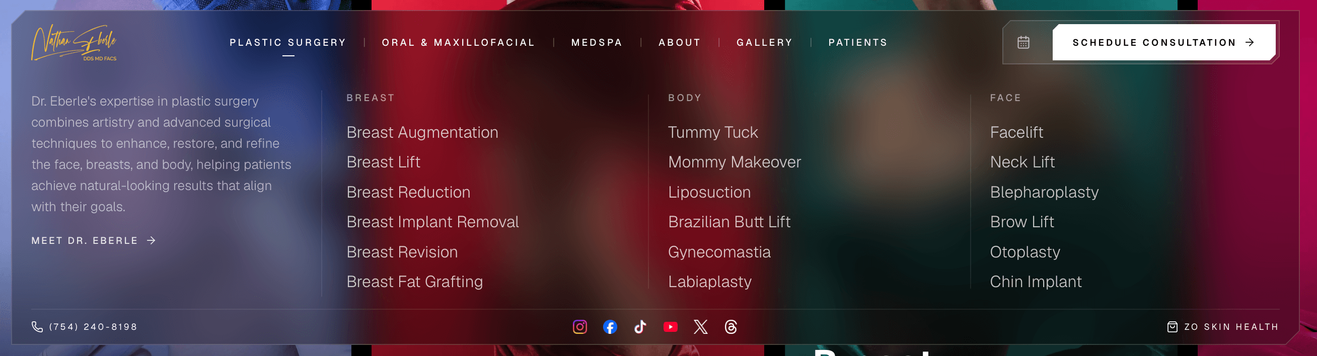 The site navigation: procedure categories, patient resources, and a clear path to book.